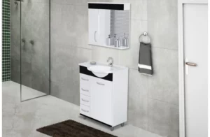 Armário de Banheiro com Pia e Espelheira Viena com Pé Curvo 59,5cm Preto - Rorato