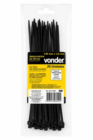 Abraçadeira de Nylon 3,6 × 140 Mm Preta com 20 Unidades - Vonder